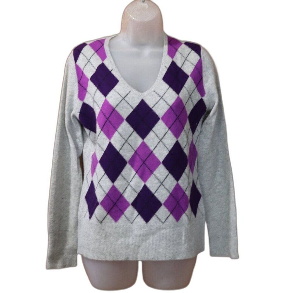 Apt. 9 Gray Purple White Argyle V-Neck Cashmere Pullover Sweater Medium